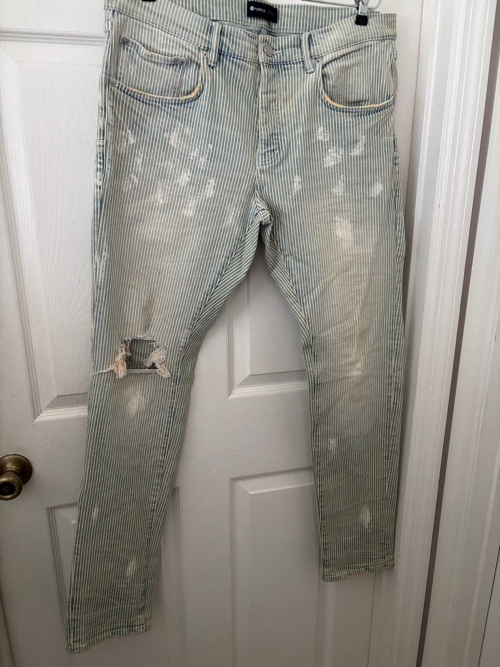 Men's Striped Skinny Jeans in Light Blue with Distressed Detail